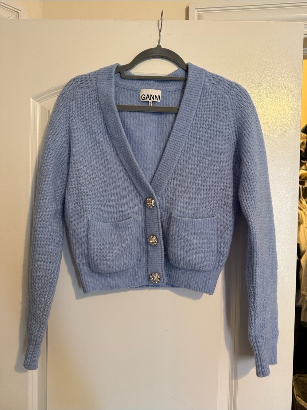 Ganni Light Blue V-Neck Cardigan with Decorative Buttons - Picture 3 of 5